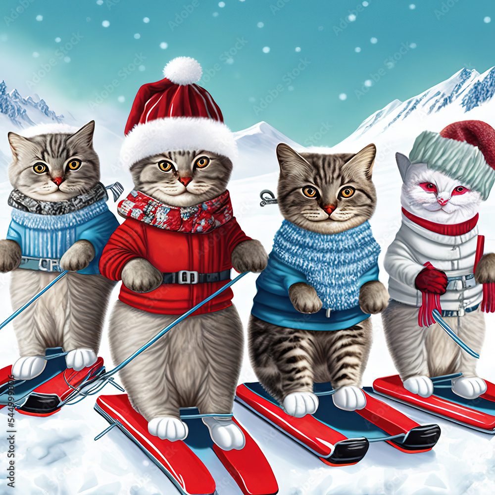 Four festive cats skiing in winter gear with Santa hats and scarves against snowy mountains.