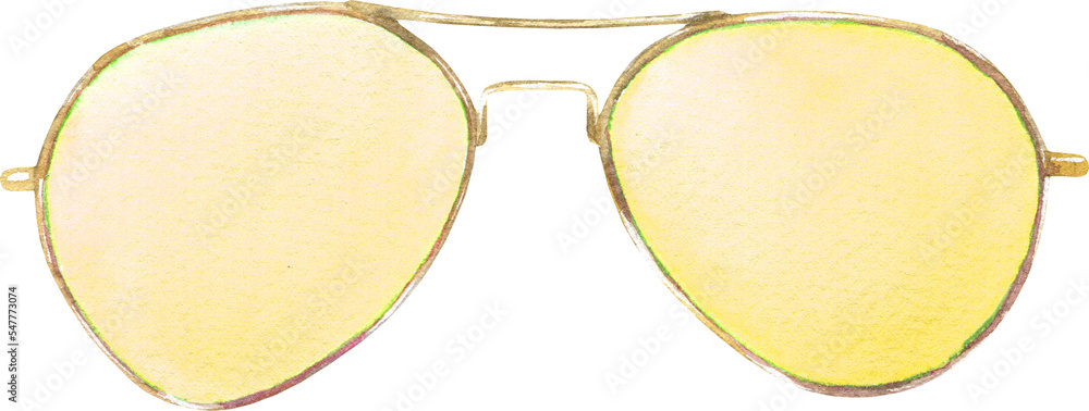 Watercolor illustration of aviator sunglasses with yellow-tinted lenses and gold metal frame on white background.