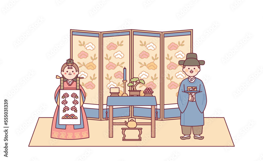 A Korean traditional Charye ritual scene with two people in hanbok offering food and tea before a folding screen.
