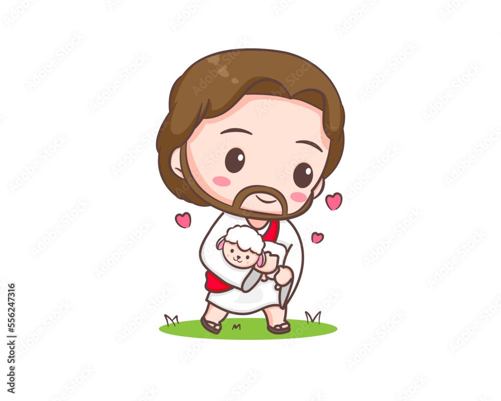 Chibi-style Jesus holding a lamb with hearts, symbolizing love and care.