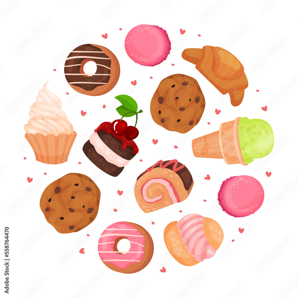 A colorful assortment of sweet treats including donuts, macarons, cupcakes, cookies, croissants, and ice cream with heart accents.
