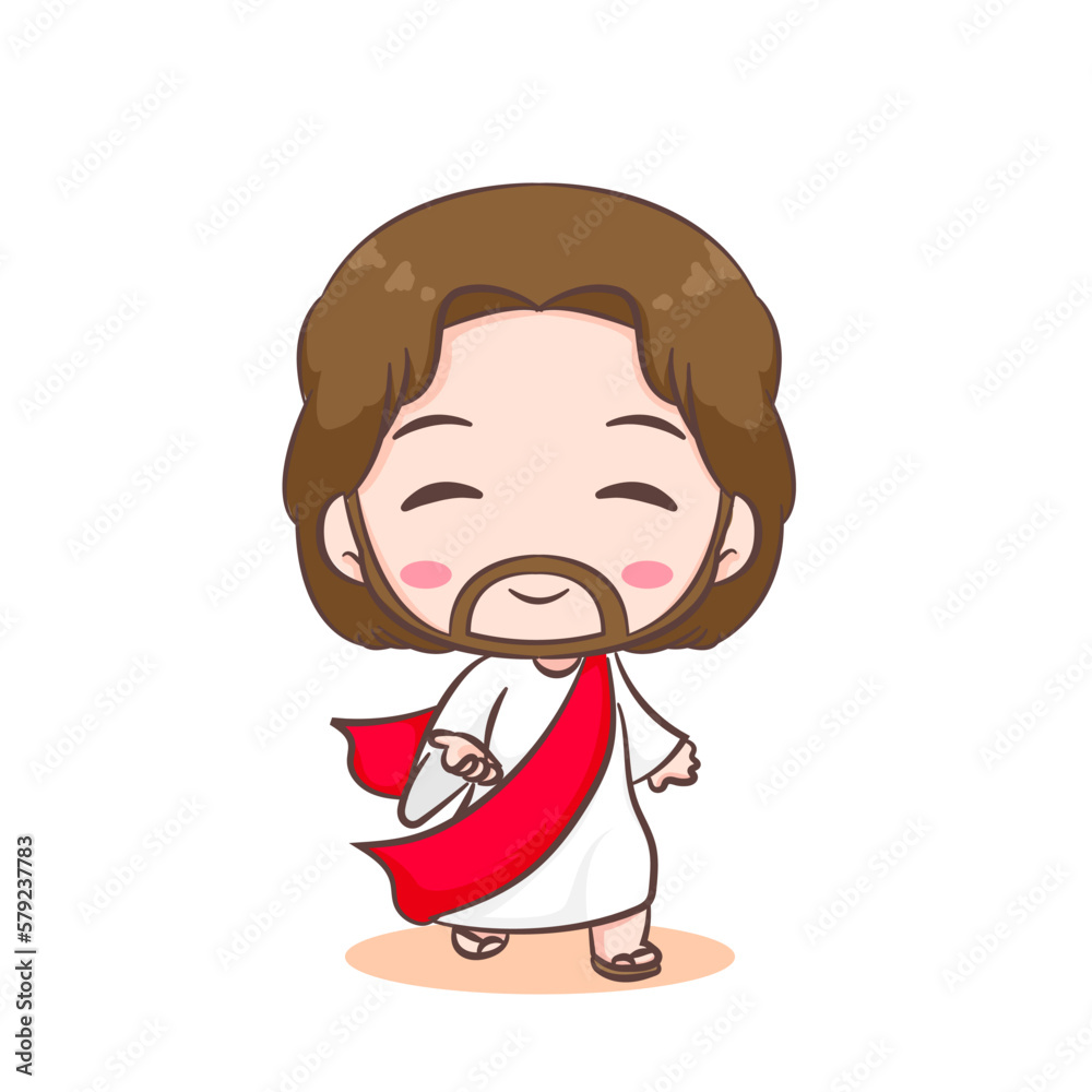 Chibi-style cartoon Jesus with brown hair, beard, white robe, and red sash, smiling gently with closed eyes.