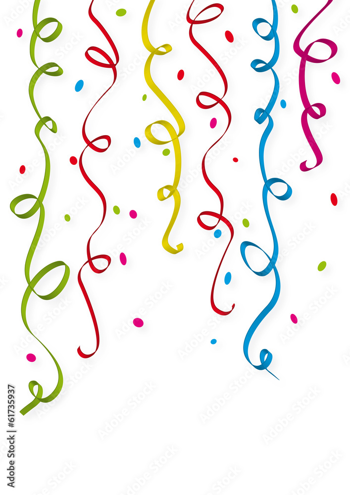 Colorful party streamers and confetti falling on white background, celebrating joy and festivity.
