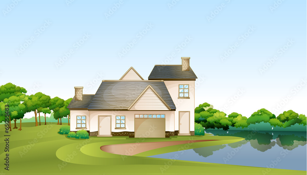 A charming two-story house with a garage, surrounded by green trees and a serene pond under a clear blue sky.