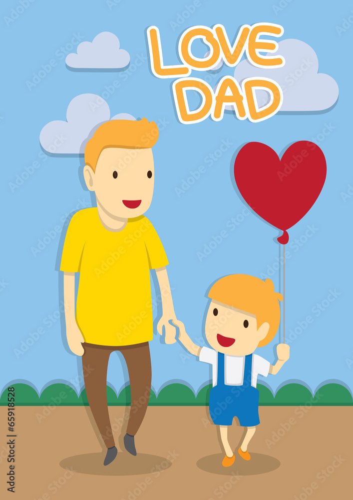 A smiling father and son holding hands outdoors; the boy holds a red heart-shaped balloon, with "LOVE DAD" text above.