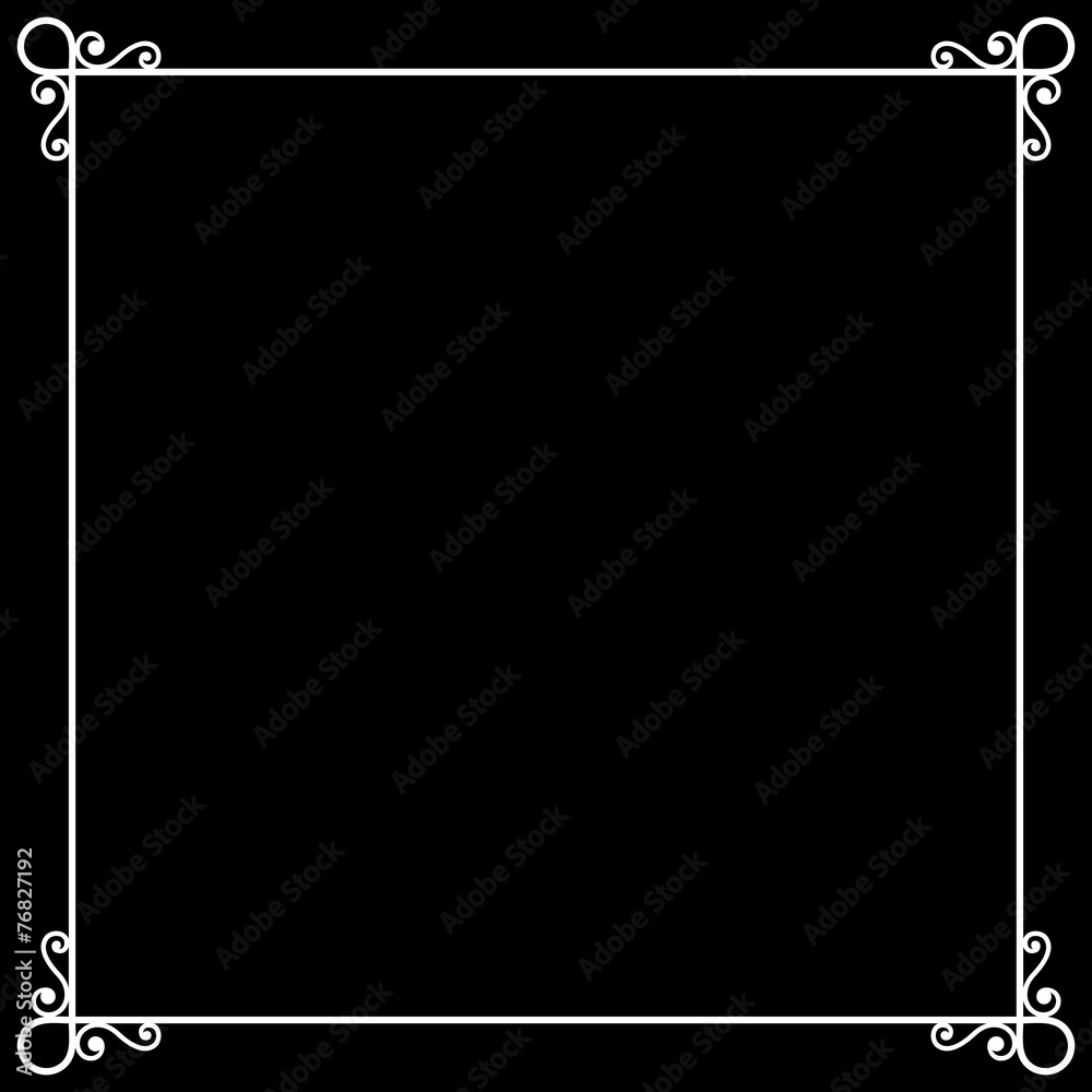 Elegant white ornamental frame with scrollwork corners on black background, vector-style decorative border.
