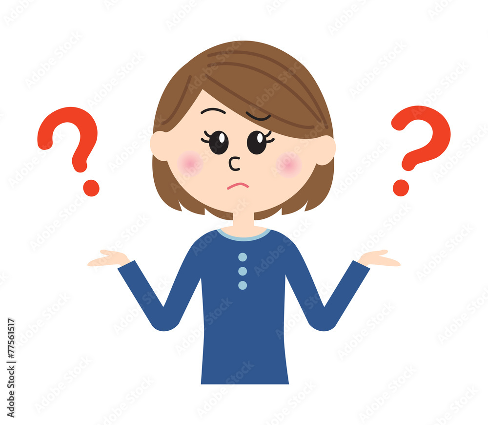 Confused woman with question marks, shrugging shoulders, uncertain expression.