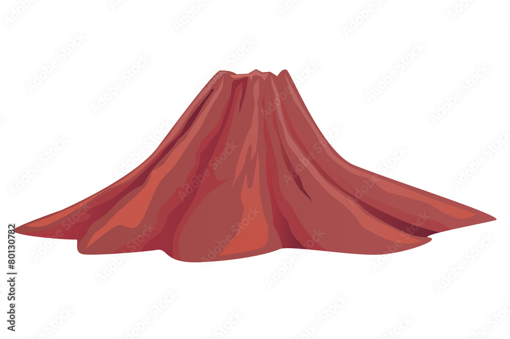 Illustration of a red volcanic cone with textured slopes and a cratered summit against white background.