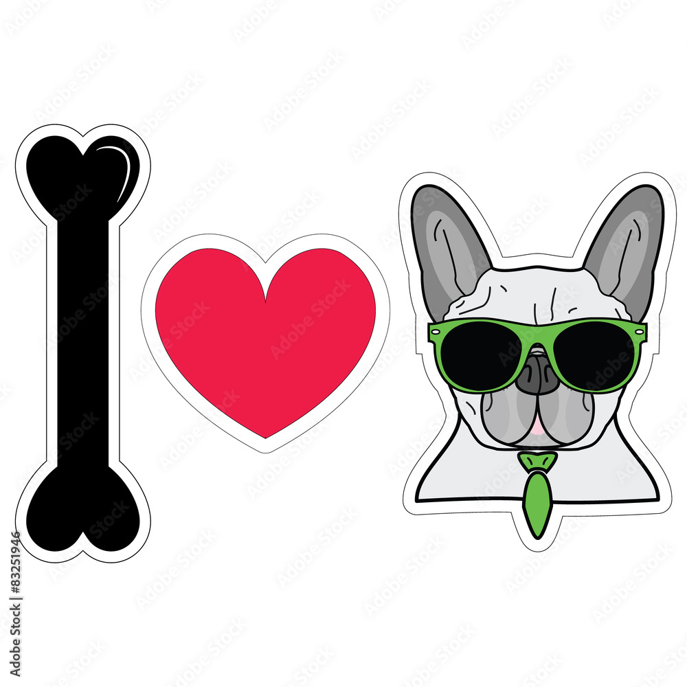 A stylized "I ♥" phrase using a black bone for "I", a red heart, and a cool French Bulldog wearing green sunglasses and tie.