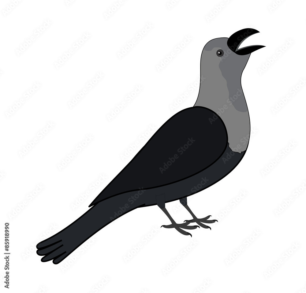 Cartoon-style crow with gray head, black body, and open beak, standing on white background.