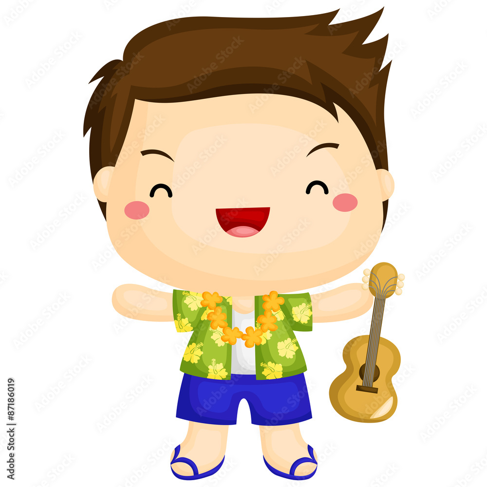 Happy cartoon boy in Hawaiian shirt and lei holding a ukulele, smiling joyfully.