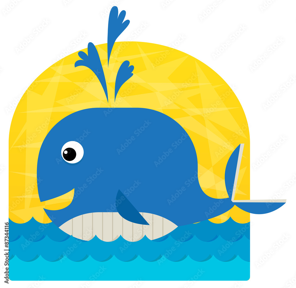 Cheerful blue whale spouting water against a yellow sun and ocean waves, cartoon style.
