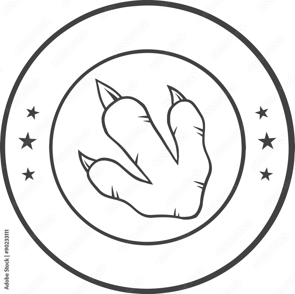 Dinosaur footprint icon in circular badge with stars, black-and-white line art style.