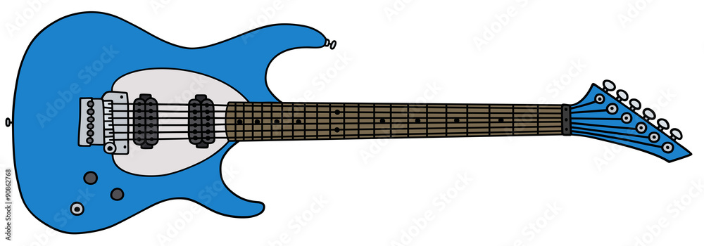 Blue electric guitar illustration with dual humbuckers, white pickguard, and rosewood fretboard.