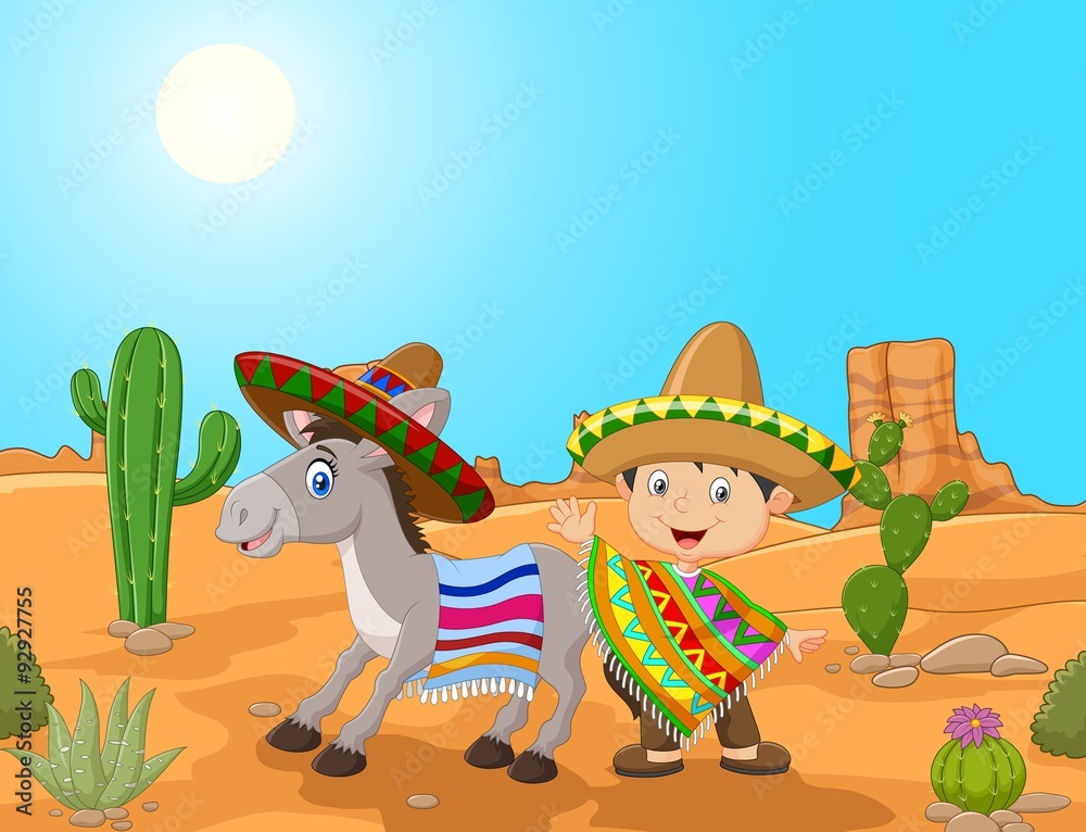 A cheerful boy in a sombrero and poncho stands beside a smiling donkey wearing a sombrero and striped blanket in a sunny desert with cacti.