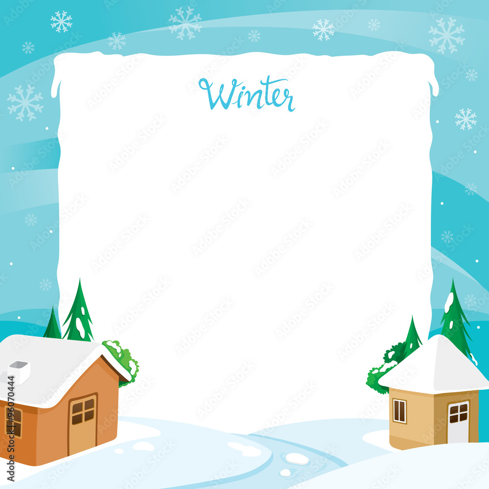 Winter scene with snow-covered cabins, evergreen trees, and a blank snowy frame labeled "Winter".