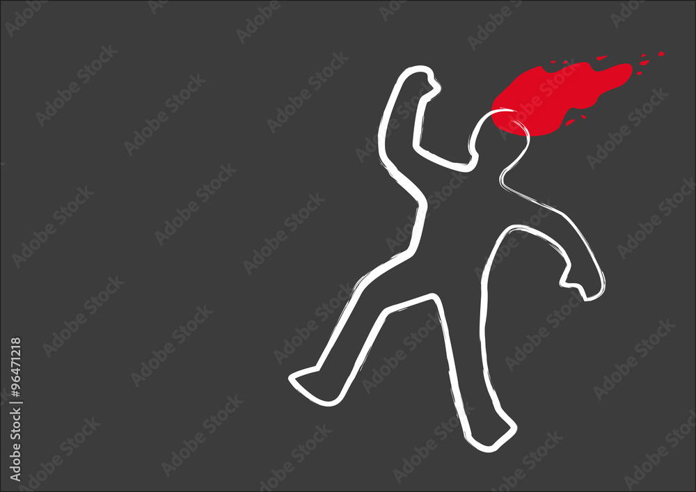 White chalk outline of a falling human figure with red blood splatter from the head on dark gray background.