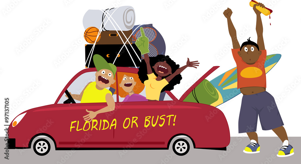 A joyful group of friends packed into a red car overloaded with luggage, surfboards, and sports gear, heading to Florida with "FLORIDA OR BUST!" on the side.