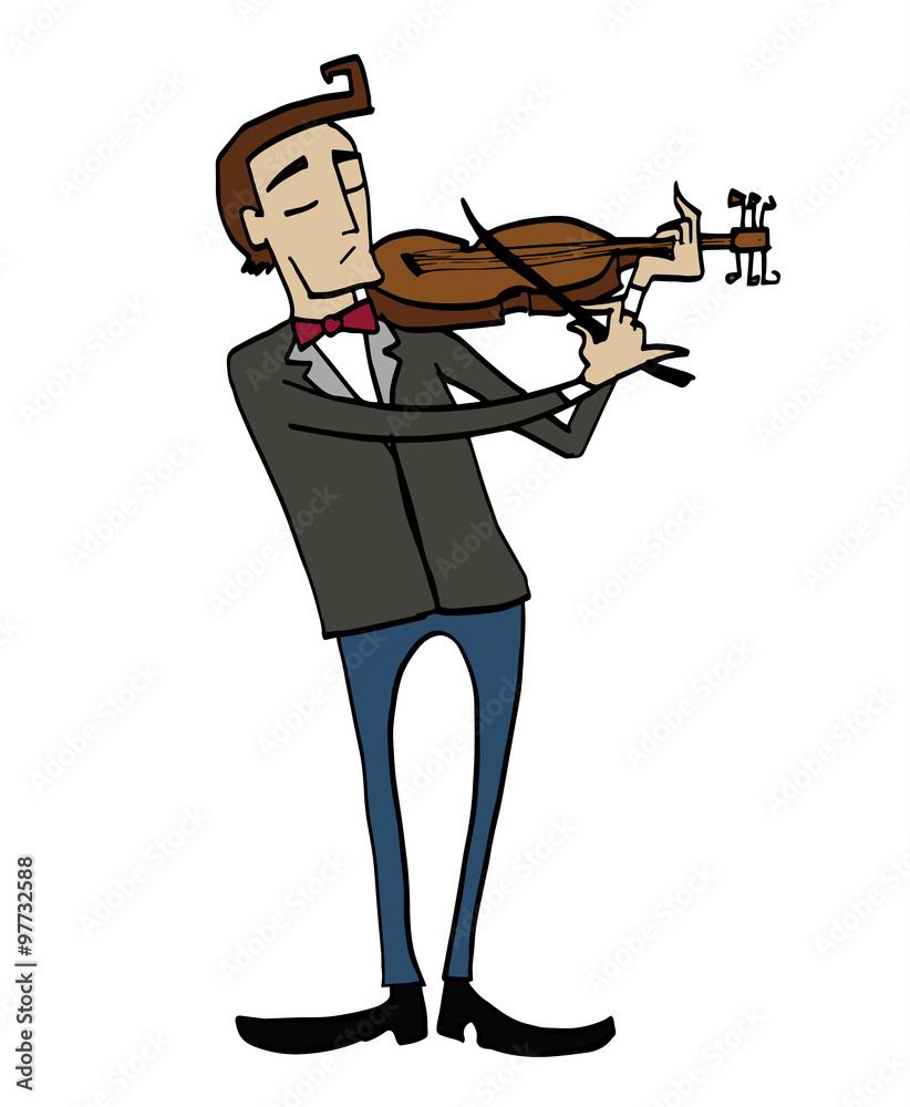 Cartoon man in suit playing violin with expressive posture and bow in hand.