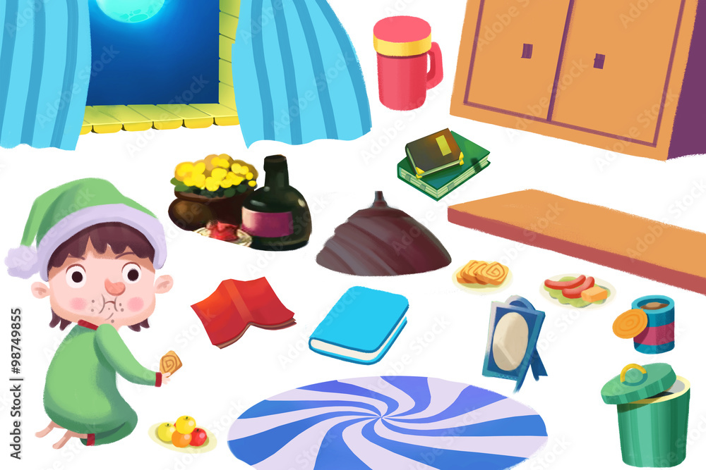 A cartoon elf in a green outfit sits among scattered household items including books, food, a mug, and a swirling rug.