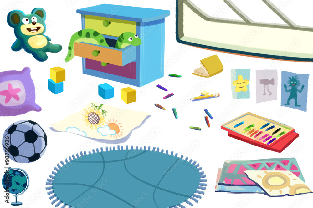 Colorful children's room scene with toys, crayons, blocks, a stuffed bear, soccer ball, globe, and artwork on floor.