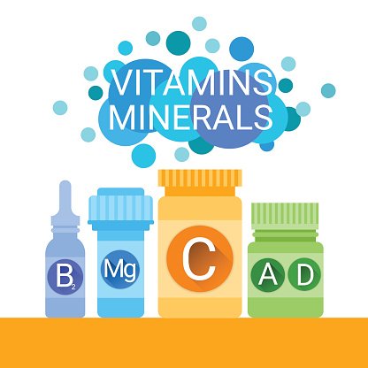 Illustration of vitamin and mineral supplement bottles labeled B, Mg, C, A+D under a "Vitamins Minerals" bubble graphic.