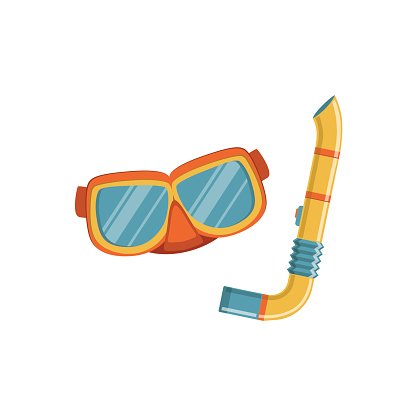 Orange snorkeling mask and yellow snorkel with blue accents, flat vector illustration on white background.