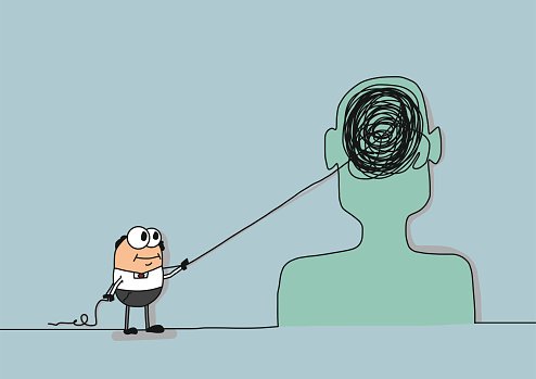 A cartoon businessman uses a string to untangle a chaotic scribble inside a person's head, symbolizing problem-solving or therapy.