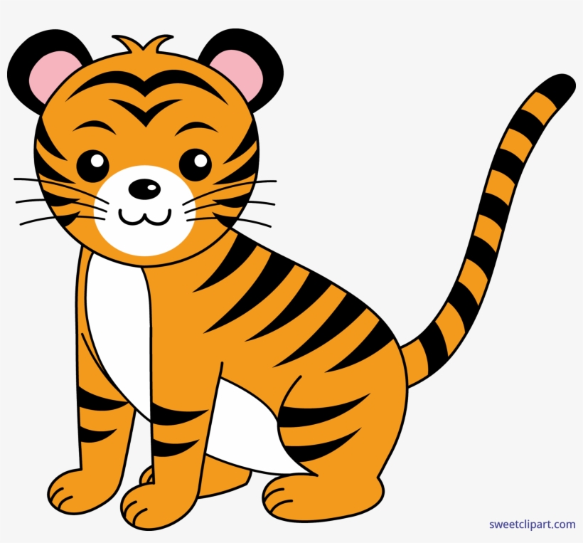 Cute cartoon tiger cub sitting with striped orange fur, pink inner ears, and a friendly smile.