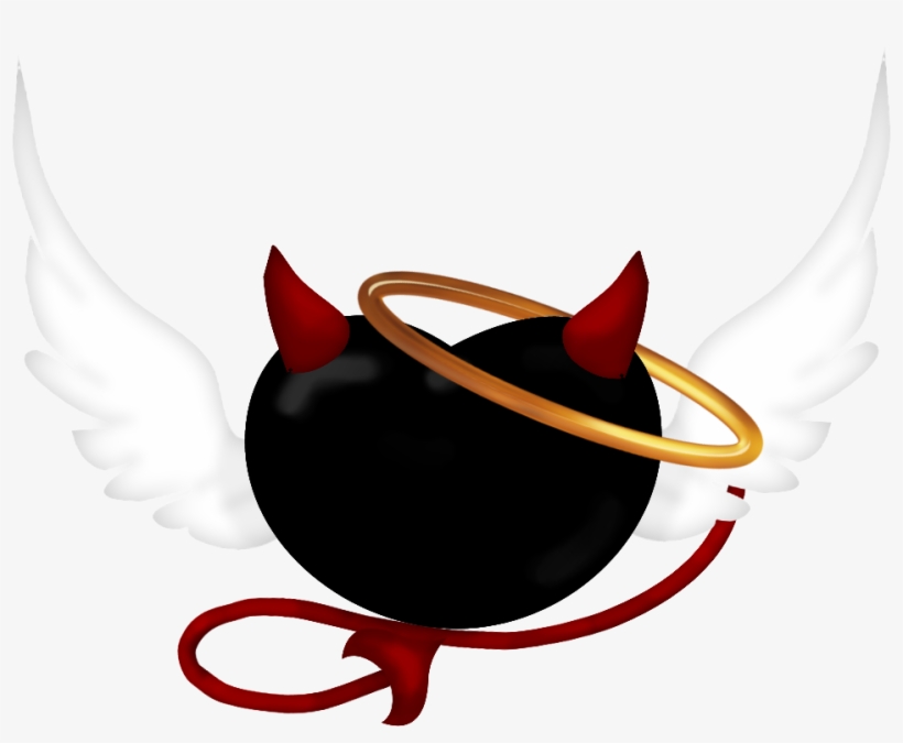 Black sphere with red devil horns, white angel wings, golden halo, and red tail-symbolizing duality of good and evil.