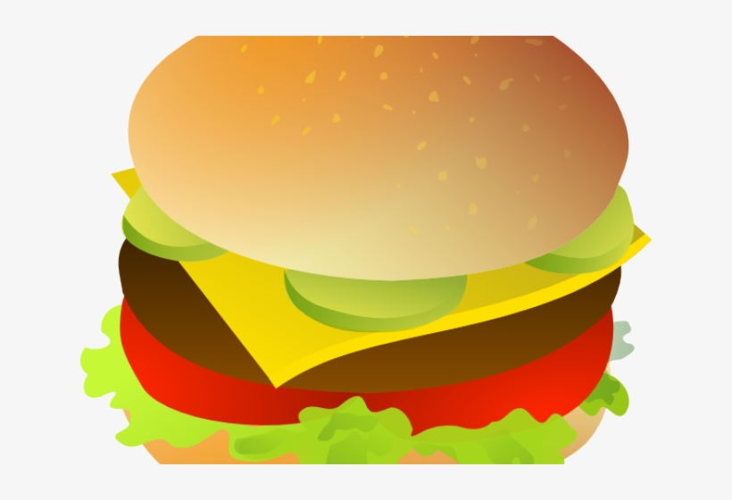 Cartoon-style cheeseburger with sesame bun, lettuce, tomato, cheese, pickles, and beef patty.
