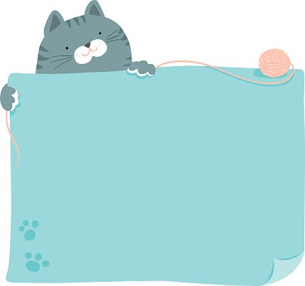 A gray cartoon cat peeks over a light blue blank sign, holding a pink yarn ball with paw prints in the corner.
