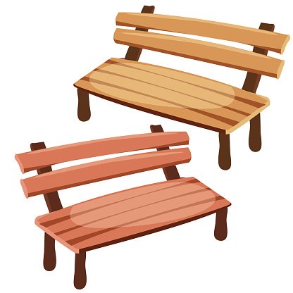 Two wooden park benches in cartoon style, one light and one reddish-brown, angled on white background.
