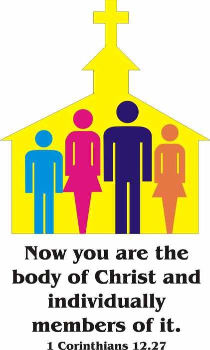 Four colorful human figures inside a yellow church silhouette with a cross, illustrating 1 Corinthians 12:27 - “Now you are the body of Christ…”