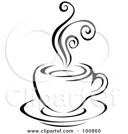 Stylized black-and-white line art of a steaming coffee cup on a saucer with elegant swirling steam.