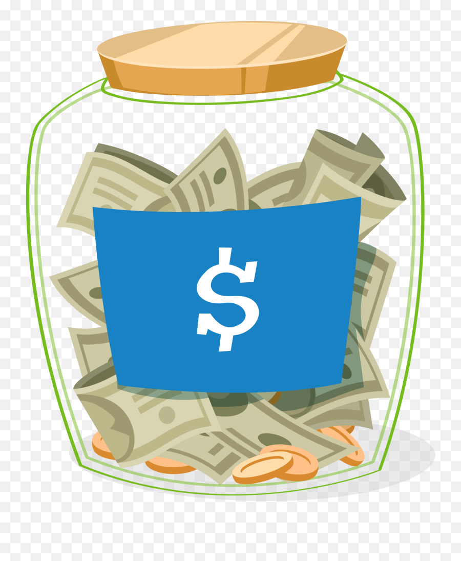 Glass jar filled with cash and coins, topped with a wooden lid and a blue label featuring a white dollar sign symbol.