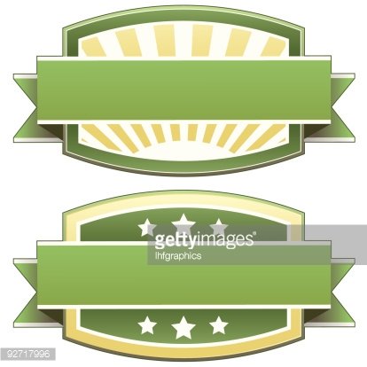 Two green ribbon-style badges with sunburst backgrounds; top blank, bottom with five white stars.