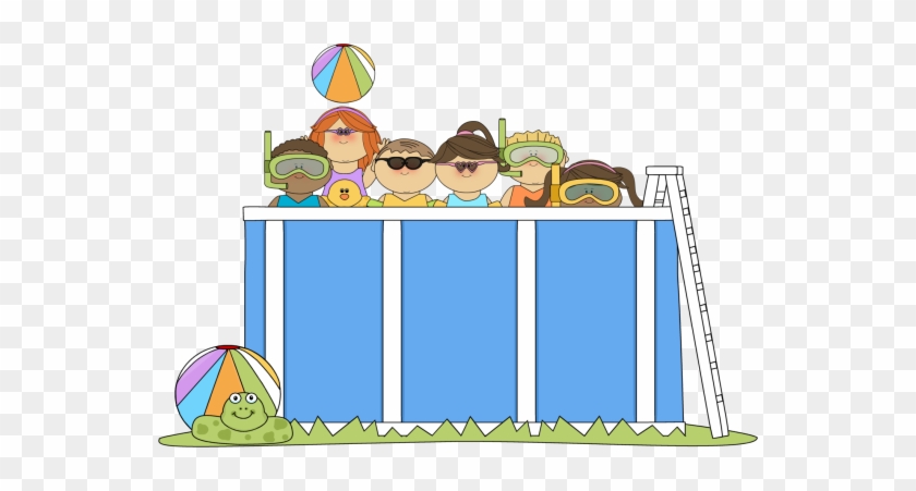 Children wearing swim goggles and sunglasses peek over a blue inflatable pool with beach balls and a ladder nearby.
