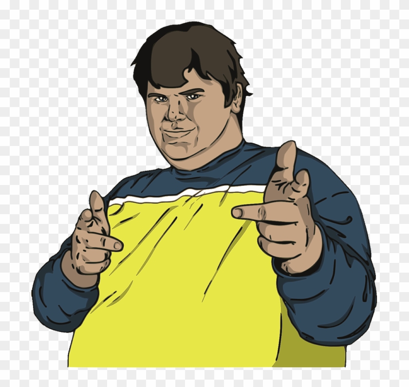 Cartoon man in yellow and blue shirt pointing both index fingers forward with confident expression.