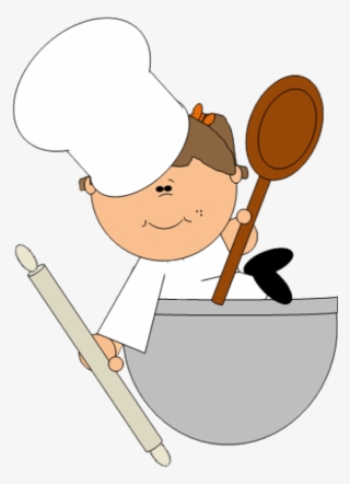 Smiling cartoon child chef wearing a tall white hat, holding a wooden spoon and rolling pin over a mixing bowl.