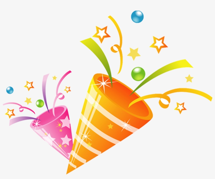 Colorful party poppers with confetti, stars, and streamers exploding in celebration.