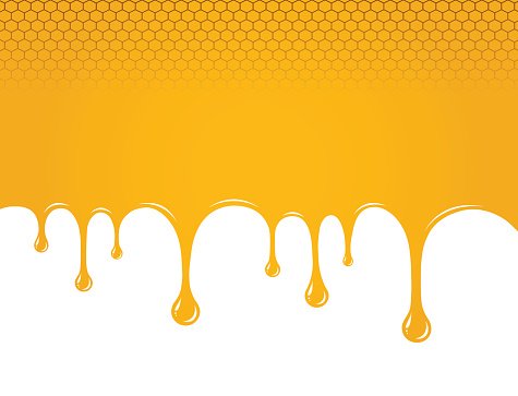 Golden honey dripping over a white surface with hexagonal honeycomb pattern above.