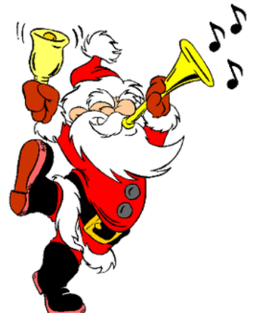 Jolly Santa Claus playing a golden trumpet and holding a bell, with musical notes flying around him.