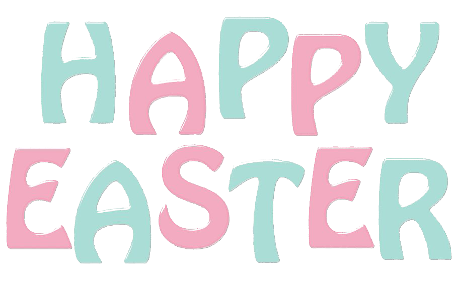 Pastel-colored "Happy Easter" text in alternating mint green and pink letters on white background.