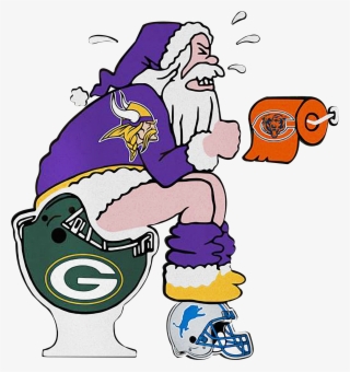 A cartoon Santa in a Minnesota Vikings jersey sits on a Green Bay Packers helmet-turned-toilet, holding a Chicago Bears toilet paper roll.