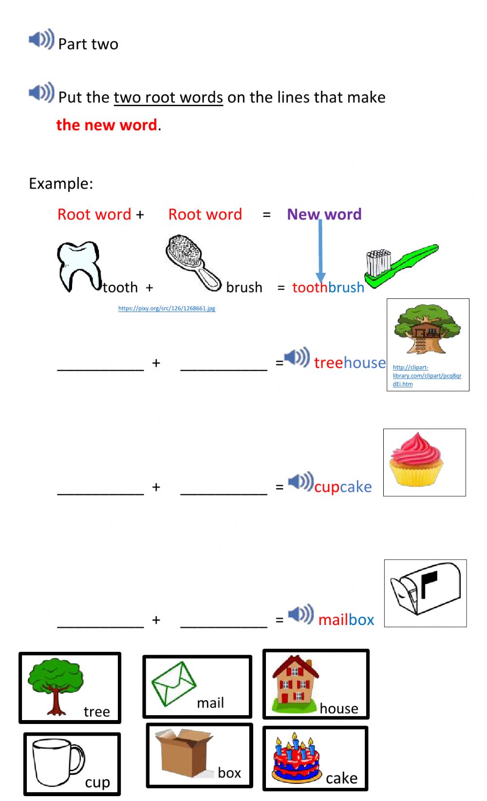 Educational worksheet showing root word combinations to form compound words like treehouse, cupcake, mailbox with images and word banks.