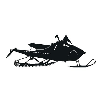 Black silhouette of a modern snowmobile with track, skis, and rider in action pose.