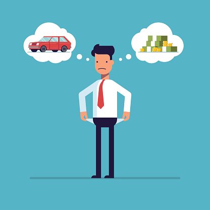 A man in a shirt and tie stands with empty pockets, thinking of a car and stacks of money in thought bubbles.