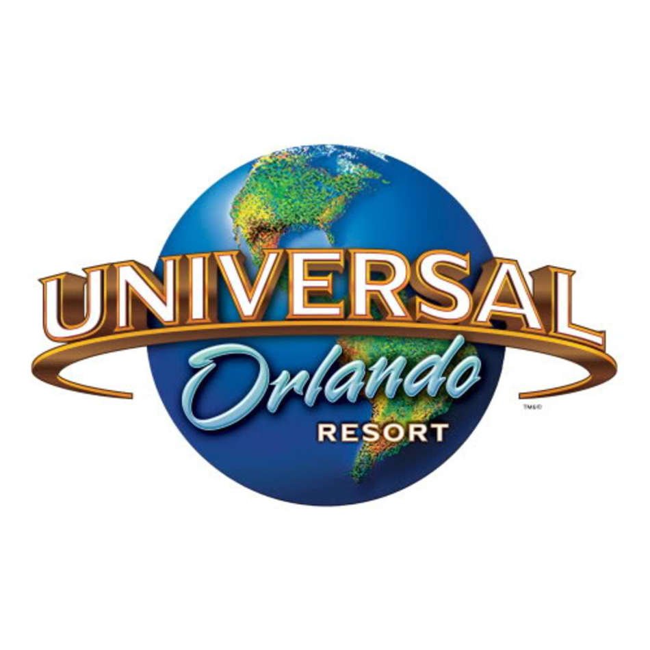 Universal Orlando Resort logo featuring a blue globe with North and South America, gold "UNIVERSAL" text, and stylized "Orlando Resort".