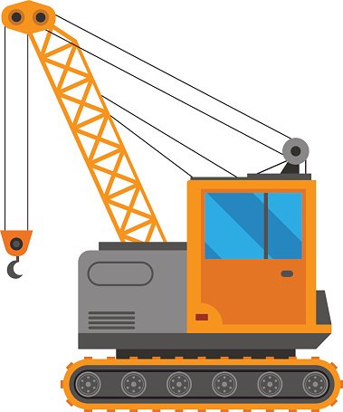 Orange tracked crane with lattice boom, hook, and operator cab on white background.